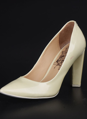 处理！牛皮37恋尚萝莎Linea Rosa黑色尖头浅口女粗高跟鞋水钻简洁