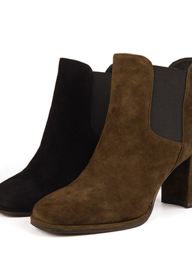 37-38羊皮Shellys英国 冬季欧美风粗高跟秋冬方头翻毛皮女士短靴