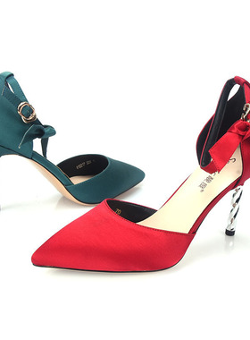 34-39 丝绸布 Scenic黑色红色绿色丝绸细高跟女夏尖包头婚鞋凉鞋