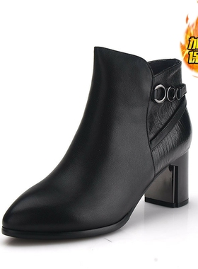 34-36/头层牛皮ZUSE保暖灰色女尖头平底切尔西松紧带英伦短靴烟囱