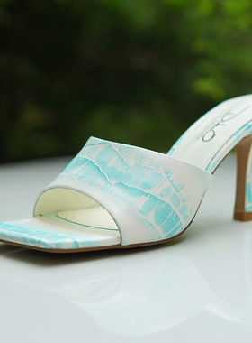 34-39头层牛皮DIDUO迪朵 浅蓝色水纹夏季女细高跟凉拖鞋方头露趾