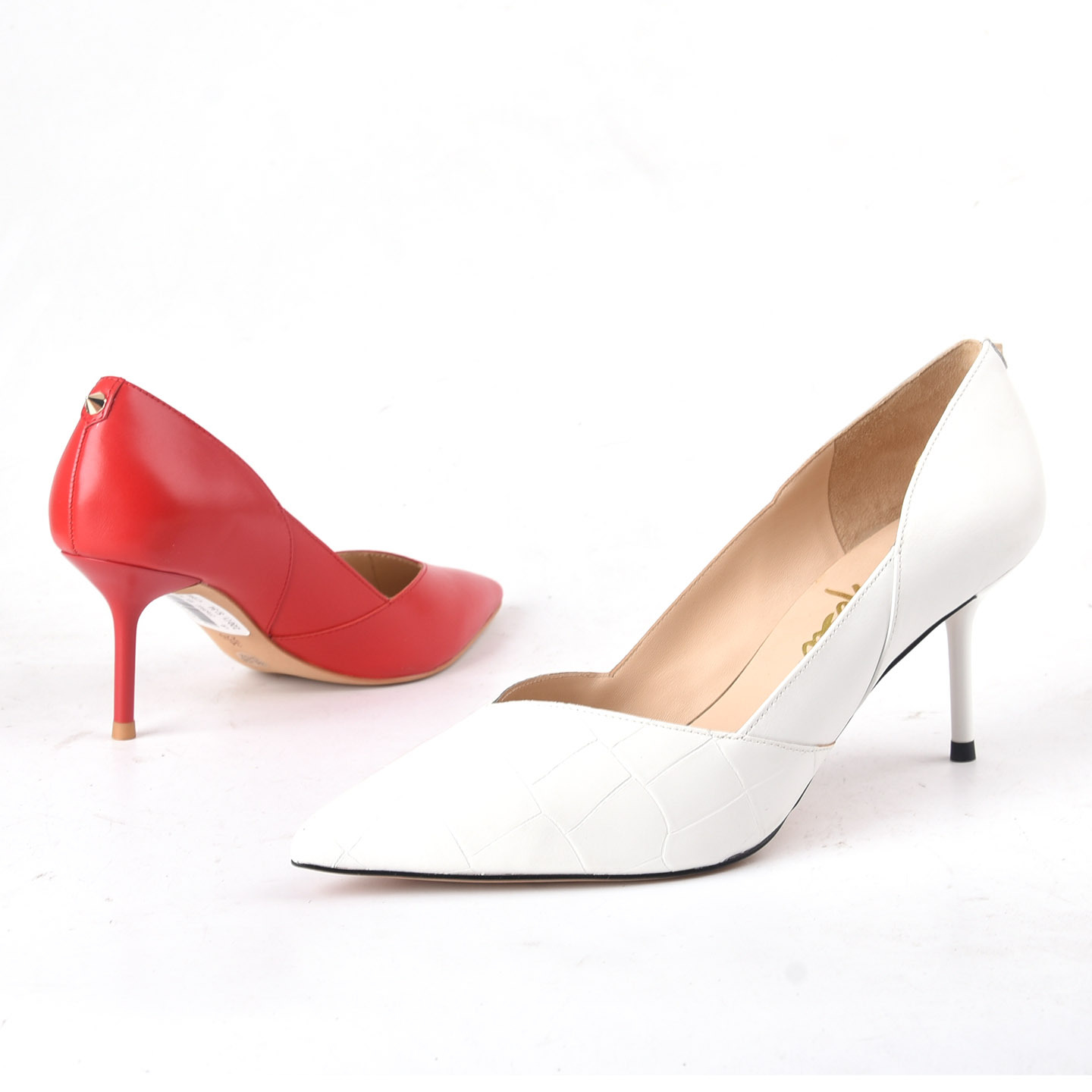 恋尚萝莎头层牛皮红色白色高跟鞋