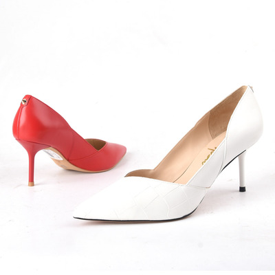 恋尚萝莎头层牛皮红色白色高跟鞋