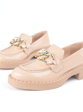 牛皮35-37 恋尚萝莎Linea Rosa链条钻圆头中跟单鞋小皮鞋JK裸米色