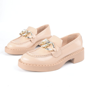 小皮鞋 牛皮35 Rosa链条钻圆头中跟单鞋 恋尚萝莎Linea JK裸米色