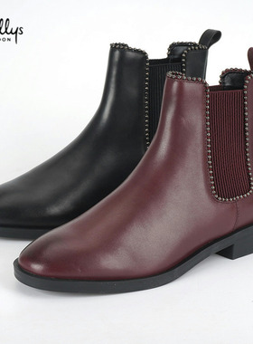 头层牛皮shellys英国35-39酒红内增高女中筒烟筒切尔西靴秋短靴子