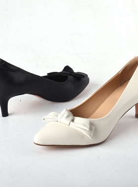 35.5-40 牛皮 CLKS 白色蝴蝶结浅口单鞋尖头中高跟鞋淑女气质优雅