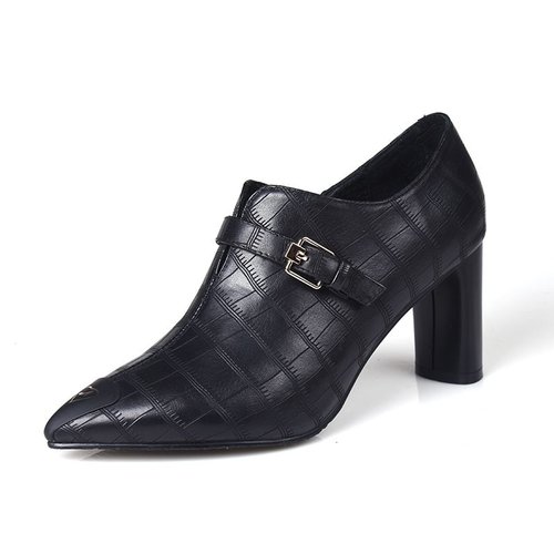 鳄鱼纹短靴ZUSE中跟职业黑色尖头