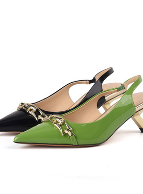 34-牛皮漆皮Linea Rosa恋尚萝莎 金属链绿色尖头女异形跟气质凉鞋