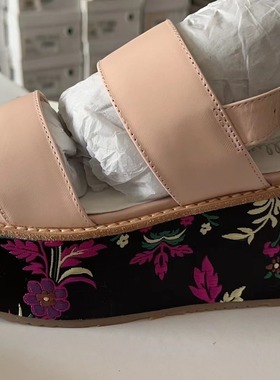 38-39 牛皮shellys正品 女绣花可爱卡通凉鞋夏情侣防滑厚底坡跟鞋