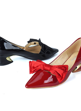 牛皮shellys英国 两穿名媛婚鞋女尖头高级红色大蝴蝶结中跟单鞋