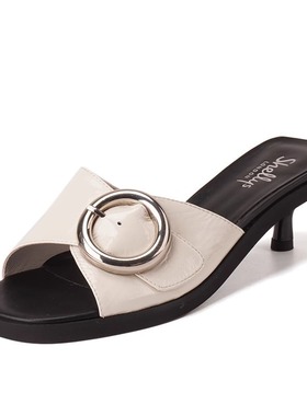 35/38-39猪皮里 shellys英国进口PU白色夏金属圆扣女细中跟凉拖鞋