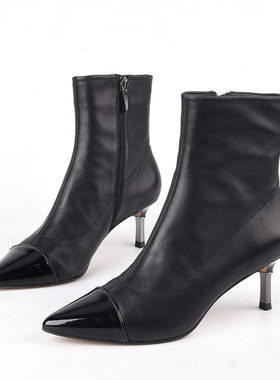 33-34头层牛皮 le saunda莱尔斯丹 冬拼接尖头细跟女短靴黑色舒适