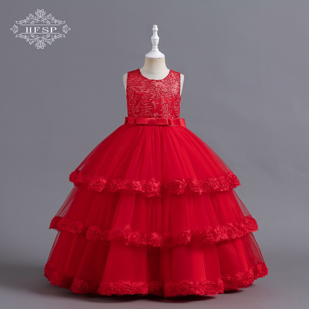 女童礼服裙儿童蓬蓬纱公主裙红色高端钢琴演出六一儿童节表演裙夏