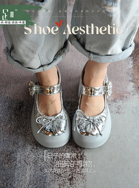 油蜡皮圆头蝴蝶结水钻一字扣带粗跟玛丽珍单鞋舒适浅口女鞋251040