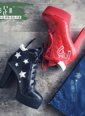 清仓【超高跟防水台时尚马丁靴】韩版舒适系带圆头粗跟女靴43009