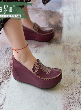 小众民族风厚底深口单鞋女复古图腾手工真皮坡跟女鞋72014做旧