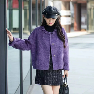 葡萄紫时尚设计感包扣圆领羊毛呢外套宽松蝙蝠袖秋冬短款羊绒大衣