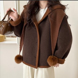 韩系连帽双面羊绒大衣女短款带围巾千金减龄撞色高级感羊毛呢外套