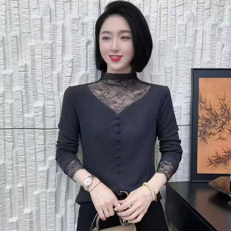 法式女人味蕾丝拼接半高领长袖打打底裤