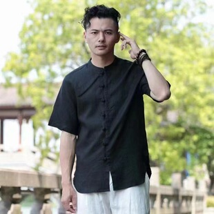 薄款 中國風夏季 男裝 短袖 盤口圓領襯衫 亞麻唐裝 休閑上衣中式