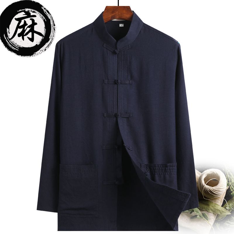 中国风春装唐装男长袖中式薄款中老年人亚麻衬衫男爸爸装棉麻