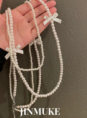 JINMUKE韩国进口首饰品东大门串珠蝴蝶结长款项链毛衣链新品女