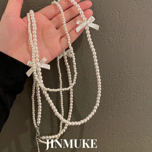 JINMUKE韩国进口首饰品东大门串珠蝴蝶结长款项链毛衣链新品女
