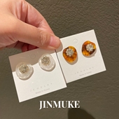 JINMUKE韩国进口耳饰新款 小众复古棕色镶钻不规则耳环耳针耳钉