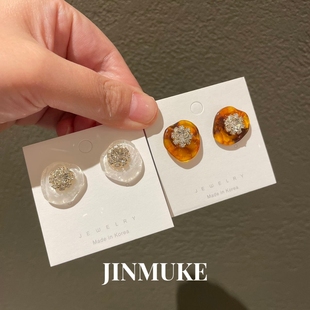 JINMUKE韩国进口耳饰新款小众复古棕色镶钻不规则耳环耳针耳钉