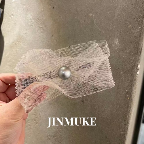 JINMUKE韩国进口意大利面料气质超仙黑色网纱折叠珍珠简约发夹新
