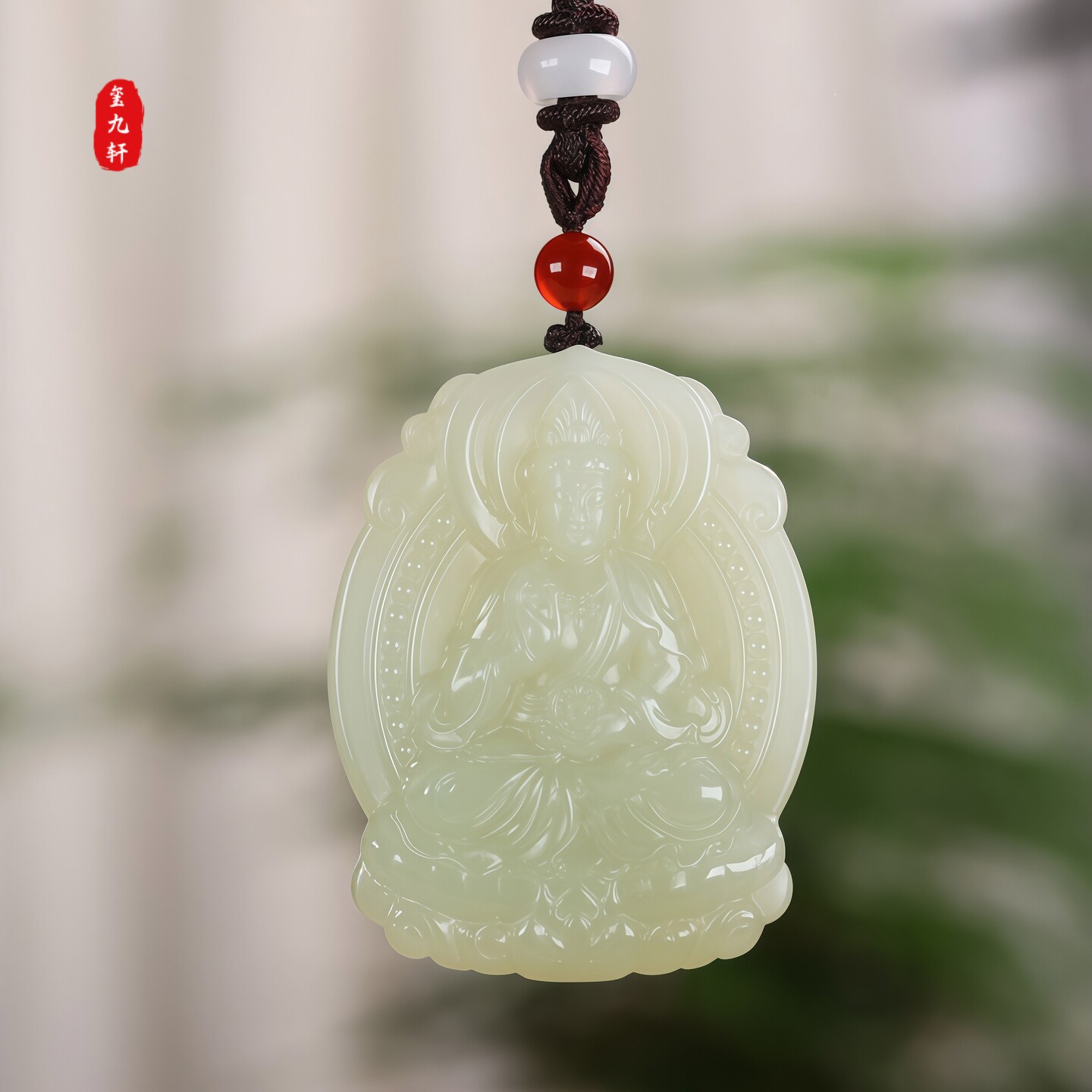 天然和田玉观音坐莲禅菩萨玉吊坠