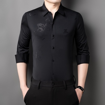 摩登舞男士暗花长袖上衣国标舞练功服黑色华尔兹交际舞蹈演出衬衫