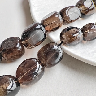 14mm天然茶晶糖豆珠圆润方块有孔diy手工串珠手链饰品配件材料