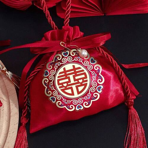 LL结婚喜糖袋子婚礼新款高级礼袋喜袋糖果专用喜字抽绳布袋婚庆