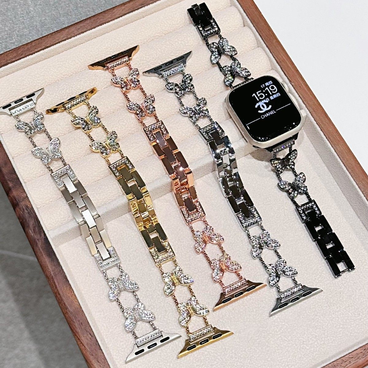 细款蝴蝶镶钻表链适用apple watch10苹果手表s9876代华为手环9/10