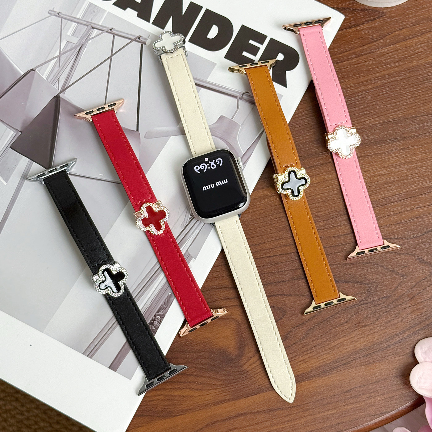 镶钻四叶草磁吸扣表带适用苹果S11/10小米9nfc红米watch6/5细腕带