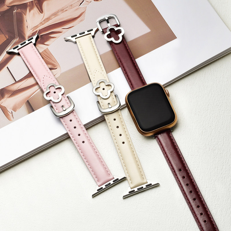 适用苹果手表S11细表带通勤女apple watch10/9/se3牛皮四叶草腕带