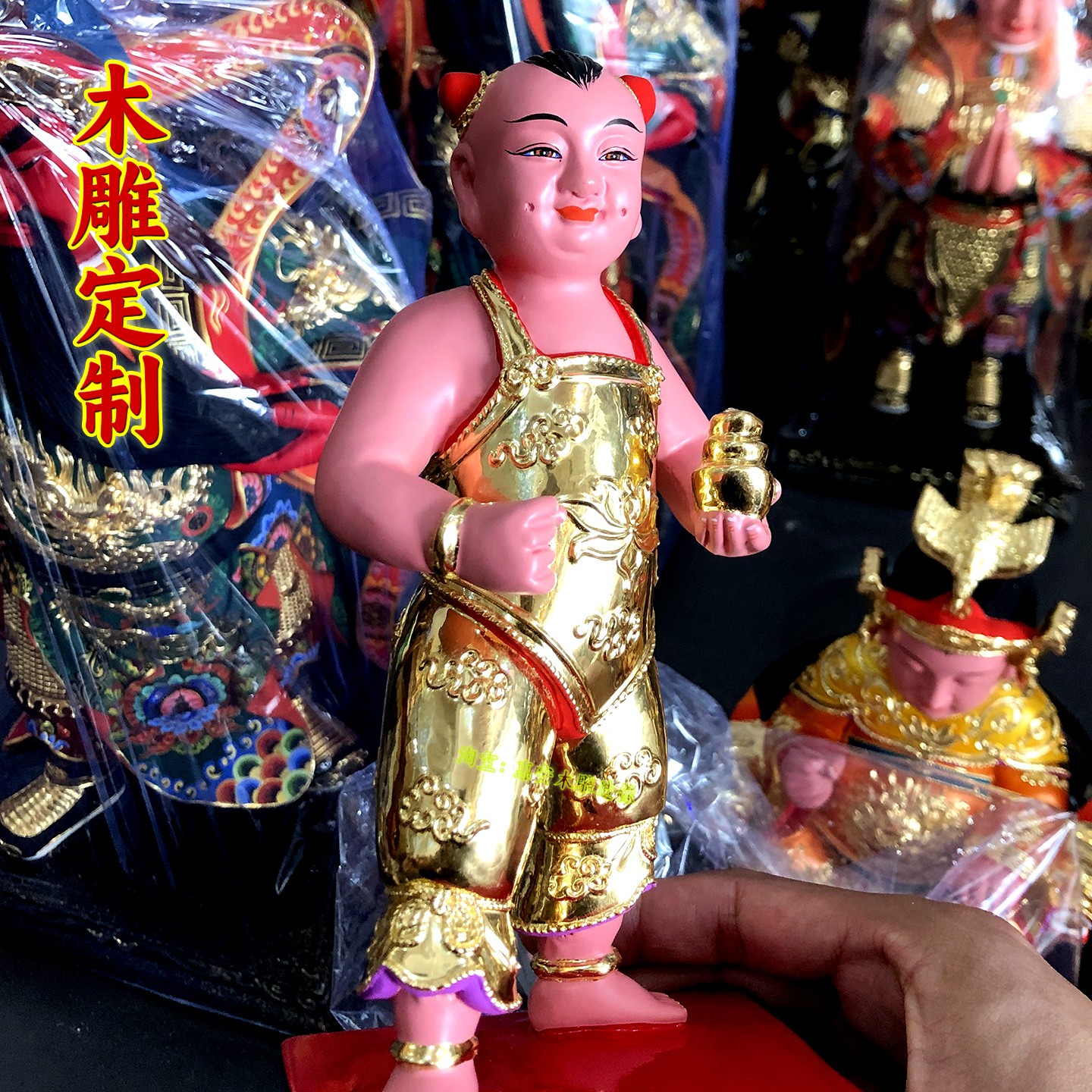 善财童子神像居家供奉观音左右童子8寸香樟木雕刻手工彩绘贴金