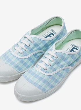 法国正品Bensimon格纹小清新系带脏旧橡胶底休闲帆布鞋球鞋