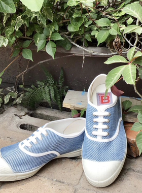 现货法国正品19D限定款Bensimon经典条纹系带橡胶底脏旧布网球鞋