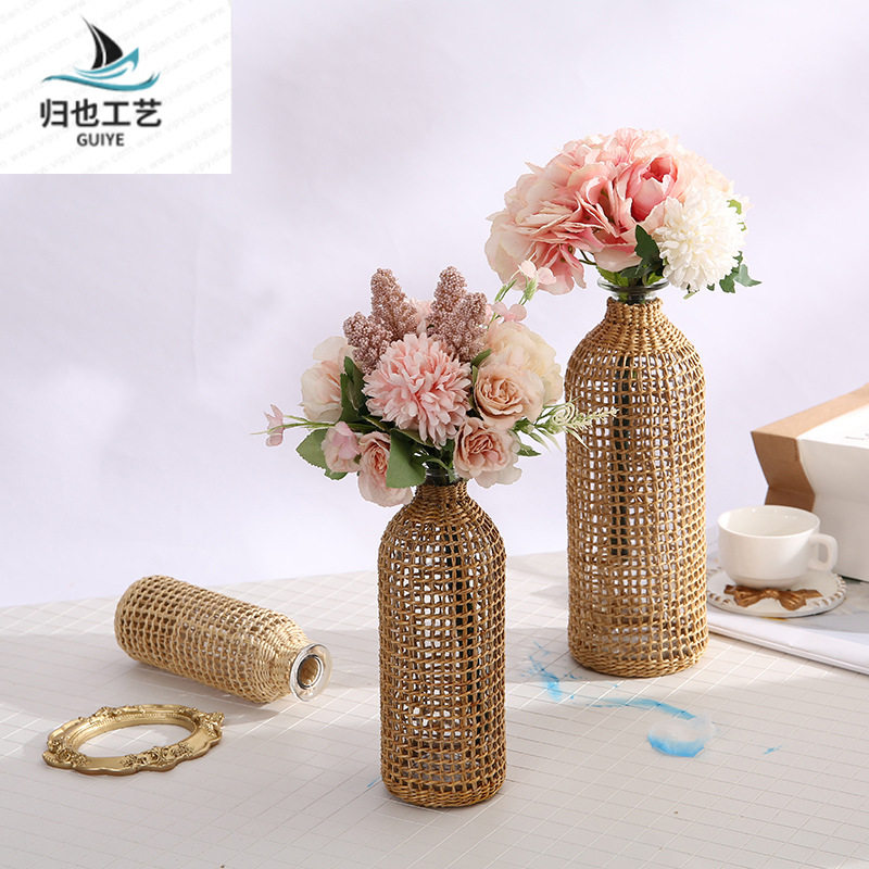 手工草编玻璃日系创意小口花瓶水养植物家居装饰摆件