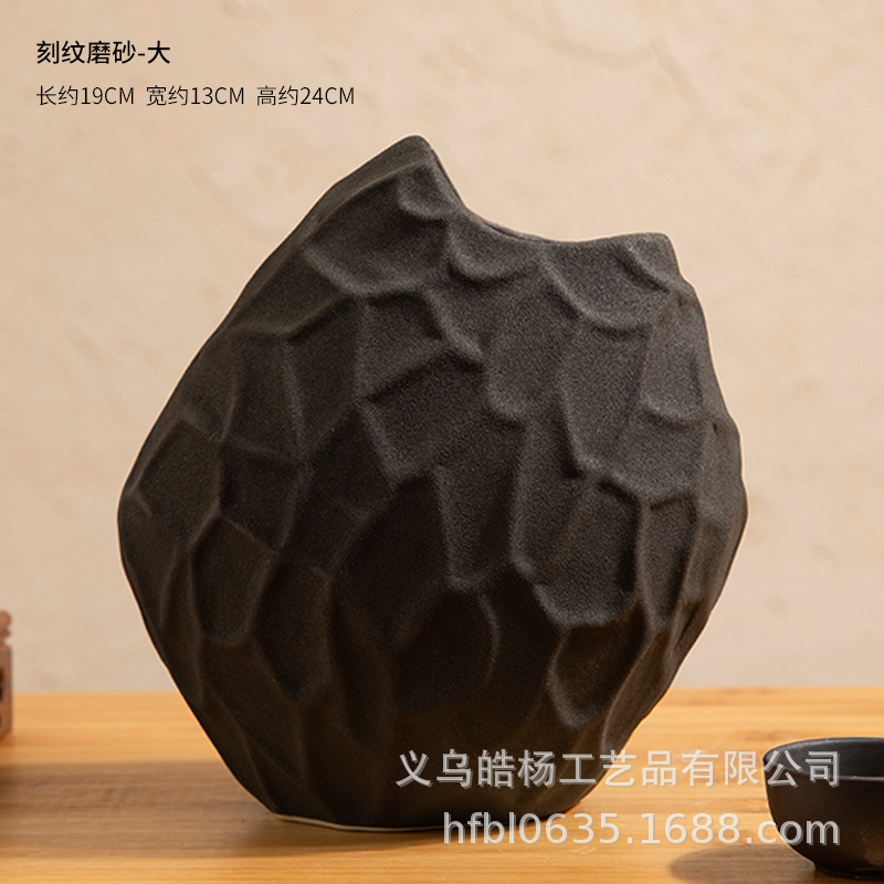 软装磨刻素烧陶瓷花瓶花器花艺术空间装饰品样板房客厅玄关摆件