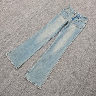 欧美春秋中腰弹力窄版口袋微喇牛仔裤做旧水洗磨白提臀大码加长裤