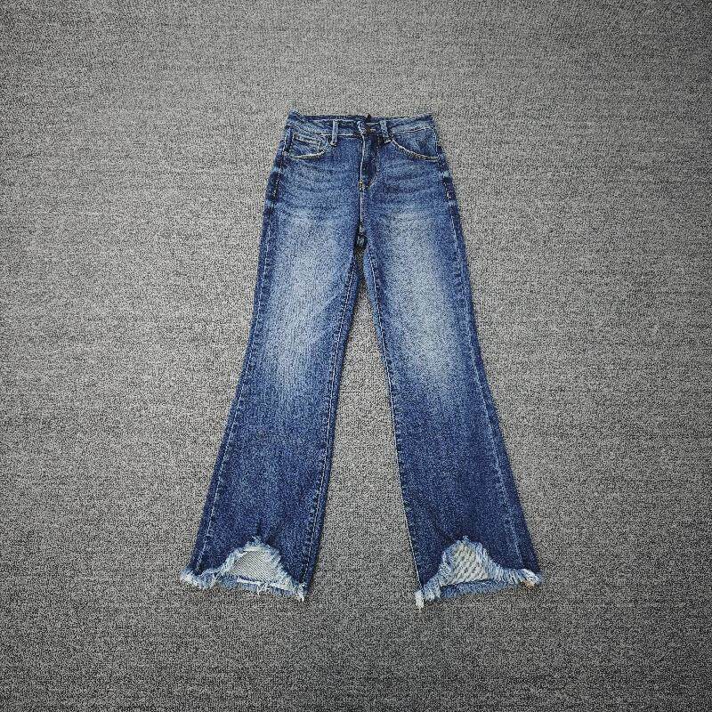 欧美单春秋款高腰微喇牛仔裤裤脚缺口弹力亲肤棉修身显瘦毛边女裤