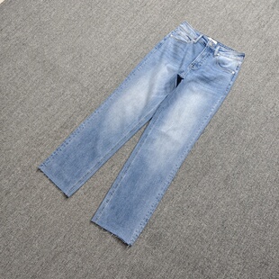 欧美春秋中高腰烟管直筒牛仔裤大码胖MM水洗磨白显瘦毛边九分裤女