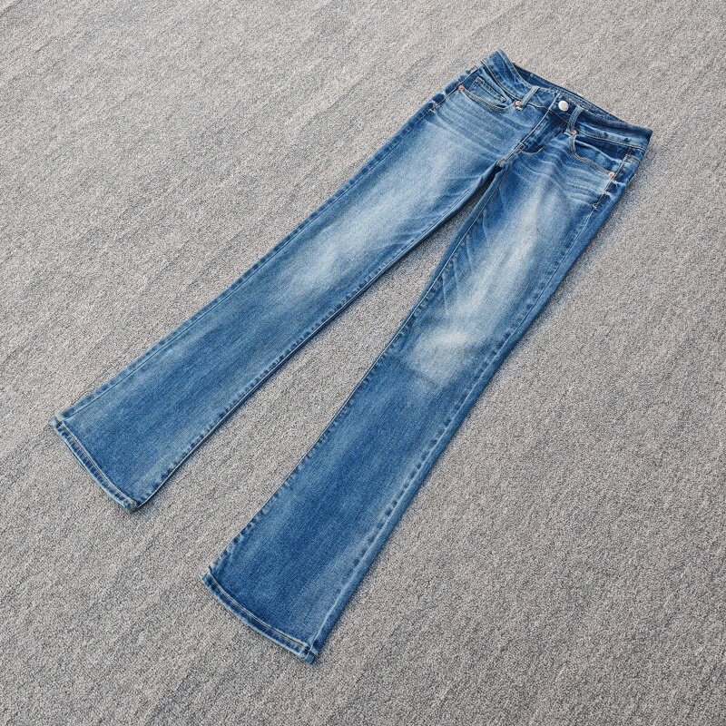 欧美单春秋低腰弹力微喇牛仔裤磨白猫须纹显瘦百搭提臀大码长裤女