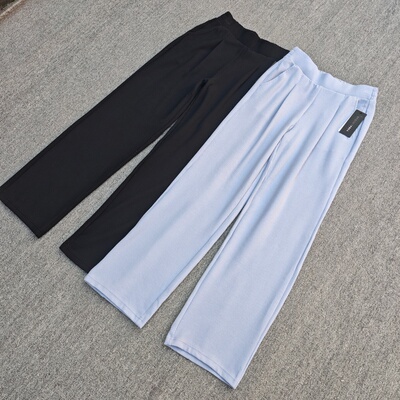 美单秋冬款松紧腰竖条纹阔腿裤女