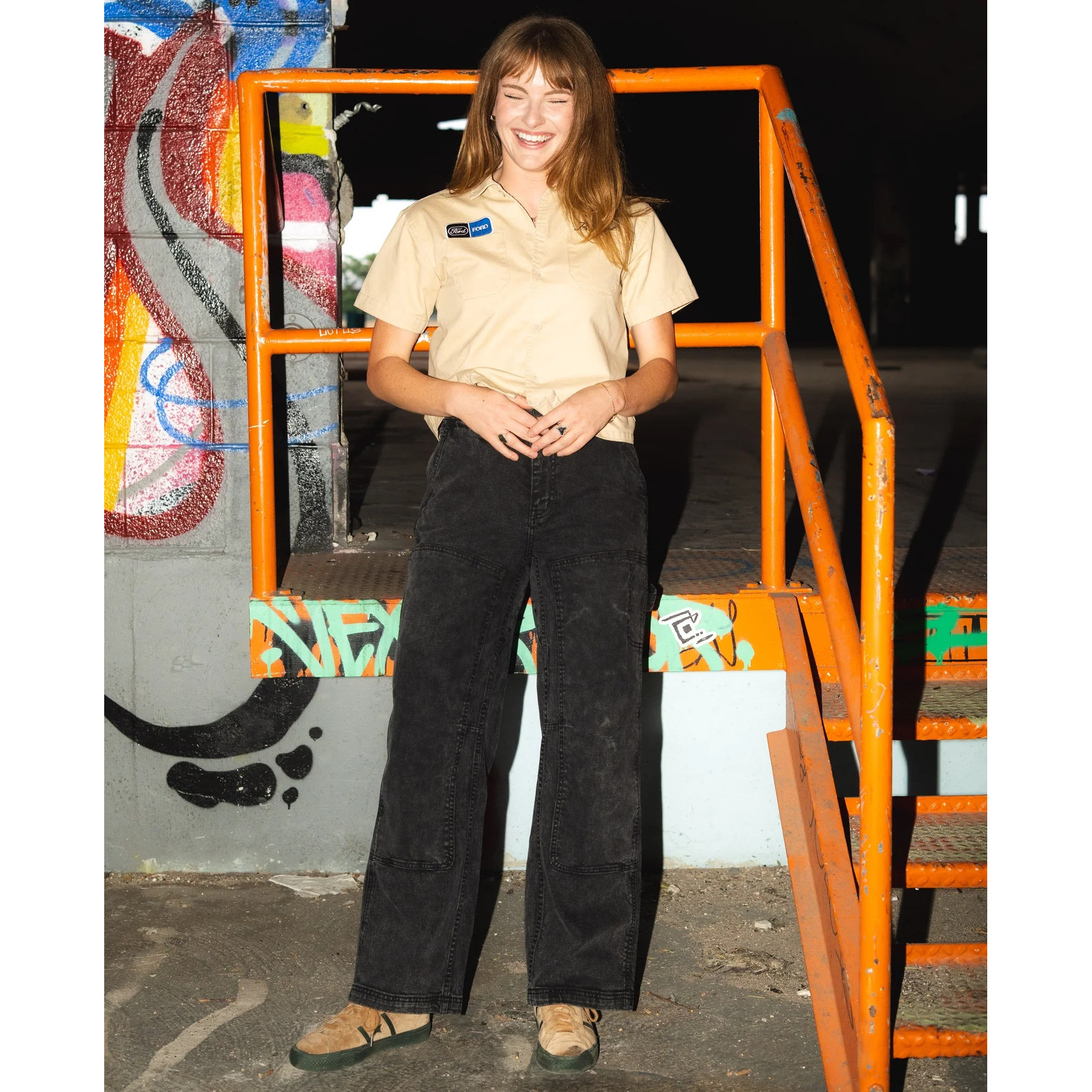 拼接工装裤显瘦百搭拼色直筒裤