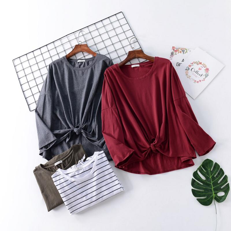 出口澳洲七分袖圆领T恤蝙蝠铺面宽松前系带显瘦舒适胖MM女棉上衣